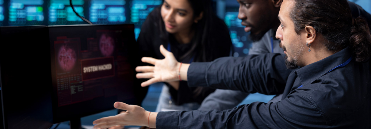 Drei Mitarbeiter stehen vorn einem Monitor, der ein gehacktes System zeig und zeigen so einen Mitarbeiter als Sicherheitsrisiko