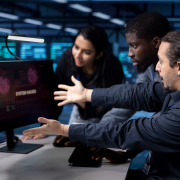 Drei Mitarbeiter stehen vorn einem Monitor, der ein gehacktes System zeig und zeigen so einen Mitarbeiter als Sicherheitsrisiko