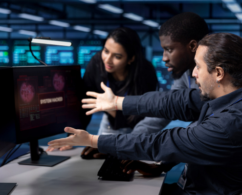 Drei Mitarbeiter stehen vorn einem Monitor, der ein gehacktes System zeig und zeigen so einen Mitarbeiter als Sicherheitsrisiko