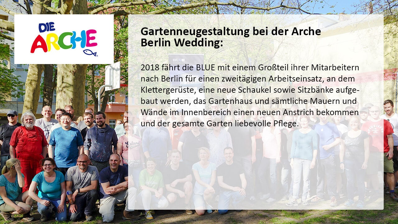 Gartenneugestaltung bei der Arche in Berlin Wedding 2018 fährt die BLUE mit fast allen ihren Mitarbeitern nach Berlin, um in zwei Tagen den kompletten Spielplatz und den Innenbereich der Tagesstätte neu zu gestalten.